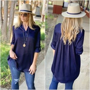 Infinity Raine Tops - Navy silky roll tab sleeve tunic Infinity Raine Tops - Navy silky roll tab sleeve tunic